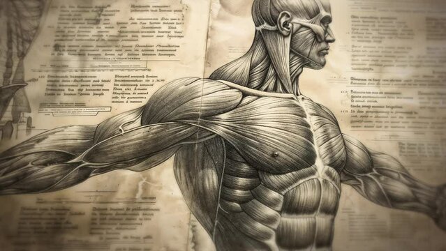 Muscles of the human body depicted in a drawing of a person with arms outstretched over a textured paper with letters from an anatomy or medical manual, with sketches of bones and text