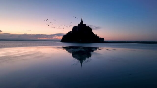 Aerial view of the famous French landmark Abbaye du Mont-Saint-Michel. Normandie. France.