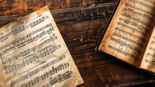 Old classical music books open with sheet music and musical notes on aged yellowed papers with texture, on a dark antique wooden table in the background. Wallpaper for teaching and learning musicology