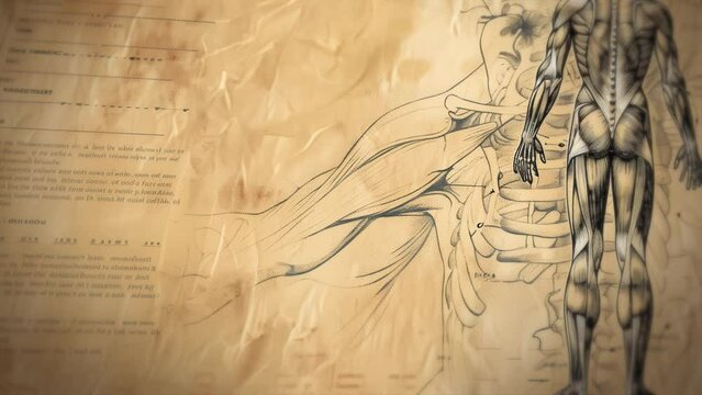 Anatomy treatise, featuring a drawing of a human figure from the back, showing the muscles and bones of the full body on an old, textured, yellowed paper. Sketches for the background of academic study