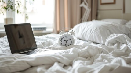 Alarm clock and laptop in white sheets bed in bedroom at home. Generated AI image