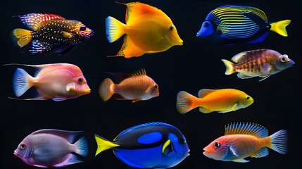 Collection of tropical ocean bright fish isolated on background, marine life with colorful fishes, aquarium underwater world concept.