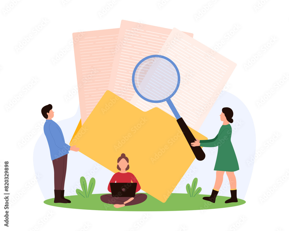 Poster document flow and digital project organization, paperwork. tiny people search data report in archive