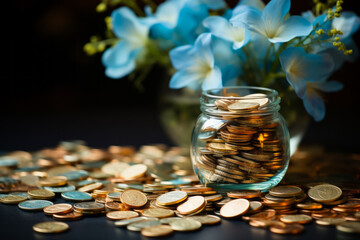 Foreground jar filled with coins, against flowers.