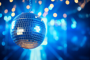 Obraz premium A disco ball is suspended from the ceiling at party, reflecting the lights