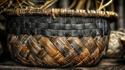 Obraz premium A detailed view of the weaving pattern on an unfinished basket