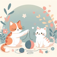 Playful Feline Fun: Cartoon Cat Enjoying International Cat Day with Yarn Ball