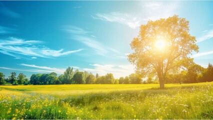 Landscape in summer with trees and meadows in bright sunshine. with high resolution photography, copy space for text banner background