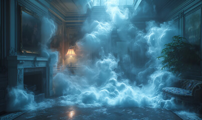 Mysterious Room Filled With Mist at Twilight.