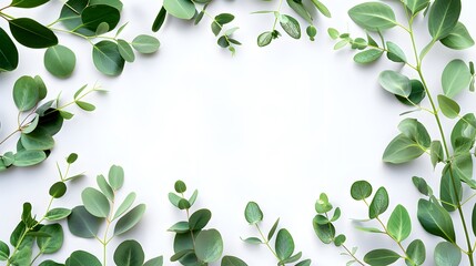 Eucalyptus green leaves frame. Herbal foliage border decoration on a white background. Top view in copy space with a place for text. For invitations, weddings, greeting cards. 