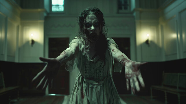 demonic possession of a terrifying bloody girl like a zombie with a dress, white eyes and disheveled hair inside a church, prepared for an exorcism terrifying horror scene