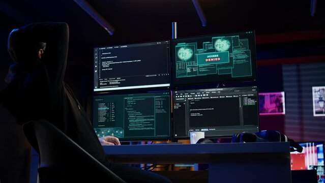 Hacker getting access denied error while doing computer sabotage using ransomware. Cybercriminal failing to penetrate firewalls while trying to steal victim data, camera B