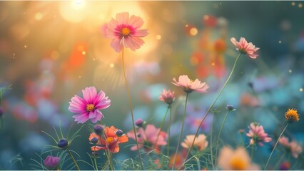 Obraz premium meadow flowers in early sunny fresh morning. Vintage autumn landscape background. colorful beautiful fall flowers magical