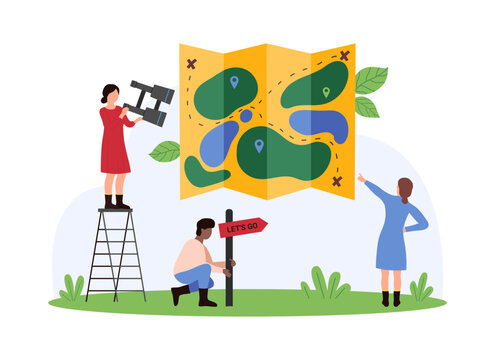 Travel and delivery with GPS navigation on digital map, tourism. Tiny people holding binoculars, pointing on trekking route and pins on map, tourists navigate way cartoon vector illustration