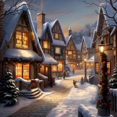 Winter night in a small village - 3D rendered Illustration.