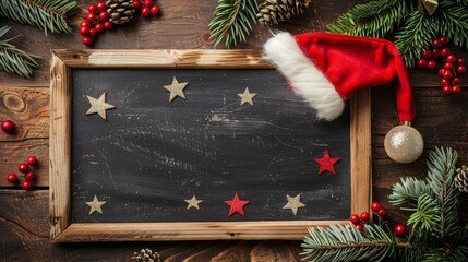 Christmas chalkboard with decoration. Santa hat, stars,  Wooden Background. Vintage Rustic Style.