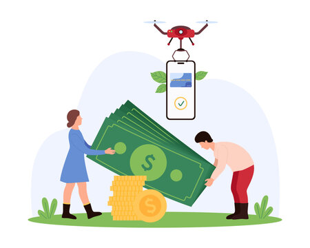 Money payment and transfer, ewallet. Tiny people holding banknotes and gold coins to deposit into bank account, credit card and approval check mark on mobile phone screen cartoon vector illustration