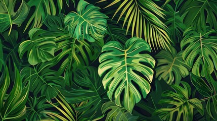 Abstract foliage and botanical background. Green tropical forest wallpaper of monstera leaves, palm leaf, branches in hand drawn pattern. Exotic plants background for banner, prints, decor, wall art.