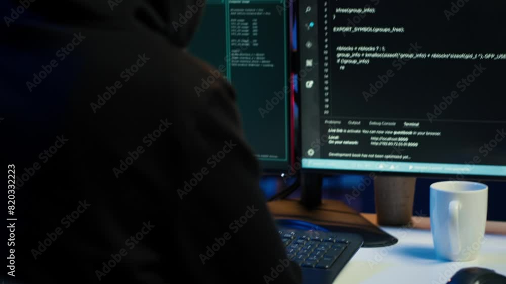 Poster dangerous man hacking, stealing credit card numbers and infiltrating banking systems, handheld camer
