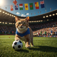 A cute cat playing with a football on a grass field.