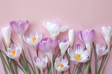 Spring crocus flowers on pastel pink background