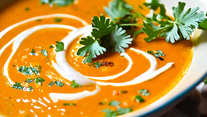 Carrot and coriander soup closeup 16:9 with copyspace