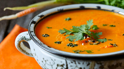 Carrot and coriander soup closeup 16:9 with copyspace
