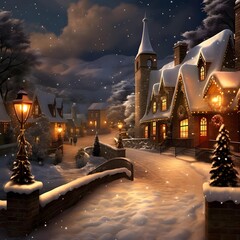 Snowy winter night in a small town. 3D illustration.
