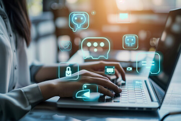 Chatbot conversation assistant. Person using online customer service with chat bot to get support. Artificial intelligence and CRM software technology customer support center CONTACT US
