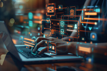 Chatbot conversation assistant. Person using online customer service with chat bot to get support. Artificial intelligence and CRM software technology customer support center CONTACT US