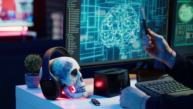 Hacker uploading sensitive data from SSD obtained from victim through ransomware virus, close up. Scammer inserting storage drive with stolen information from users, finishing evil plan, camera A