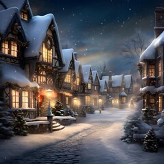 Winter night in the village. Christmas and New Year holidays in the city.