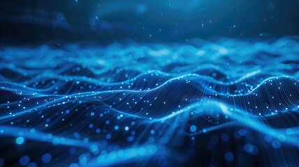 A blue abstract wave of weaved lines and dots background representing cyberspace, big data, metaverse, network security, and data transfer.