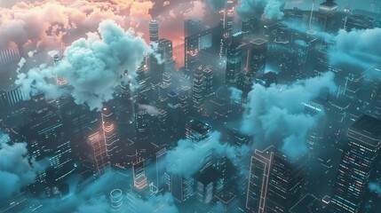 Cloud computing  Clouds formed from code and data streams floating over a hightech city Top view Cloud data storage Futuristic tone Complementary Color Scheme