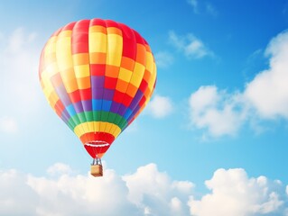 Fototapeta premium Vibrant hot air balloon floating in a clear blue sky with fluffy white clouds.