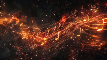 A flowing trail of musical notes and symbols, all glowing and intertwined against a dark background with light particles, depicts the concept of music and rhythm in a dynamic and abstract manner. real - Powered by Adobe