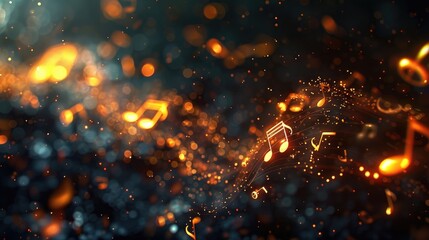 A flowing trail of musical notes and symbols, all glowing and intertwined against a dark background with light particles, depicts the concept of music and rhythm in a dynamic and abstract manner. real