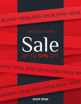 Vertical Sale banner with crossed tape ribbons and stripes. Red abstract discount background for promotion, Big Sale, Special Offer, advertising, leaflets, flyers, social media. Vector illustration