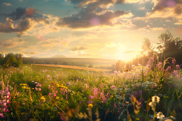 Enchanting sunset over wildflower meadow