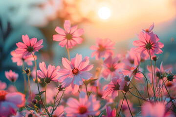 Sunset glow on pink cosmos flowers