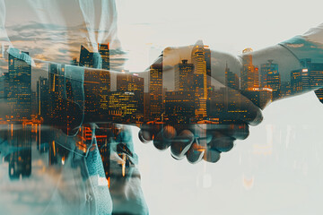 Double exposure of business handshake for successful of investment deal and the city business teamwork and partnership concept. Businessmen making a handshake.