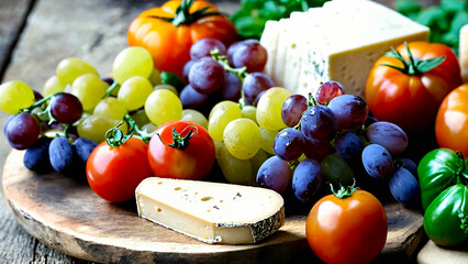 Farmhouse aged cheeses with wine, grapes and heirloom tomatoes 16:9 with copyspace