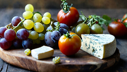 Farmhouse aged cheeses with wine, grapes and heirloom tomatoes 16:9 with copyspace