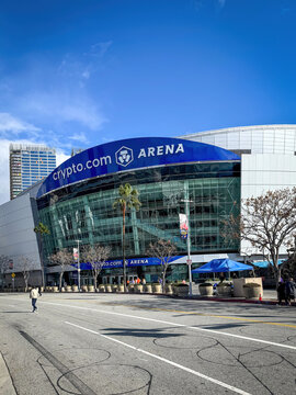 Los Angeles, USA - March 30, 2024: Facade and entrance of crypto.com arena against blue sky with clouds