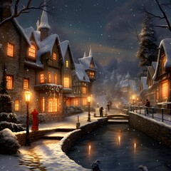 Winter night in the old town. A beautiful winter fairy tale.