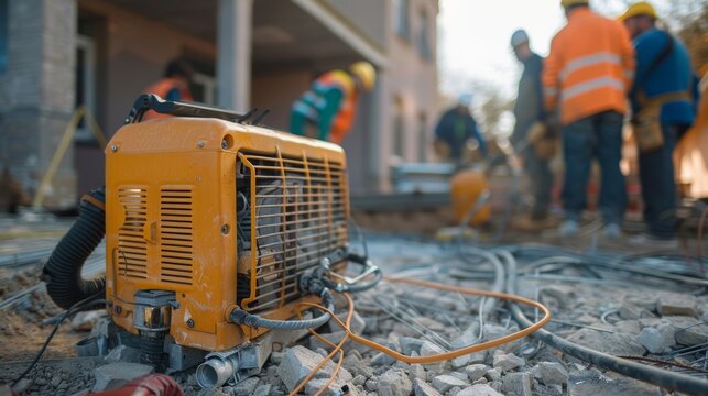 A group of construction workers using a portable gas generator to power their tools on a building site without access to electricity.