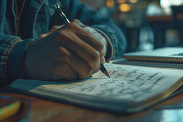 Man hand writing on notebook in high quality DSLR photo