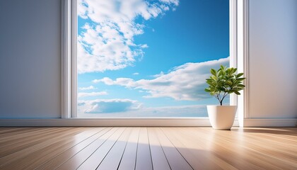 Minimalist-style room with wooden window frame casting soft daylight onto the floor, showcasing a backdrop of blue sky and clouds