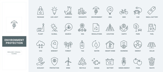 Environment and ecology protection line icons set. Smart eco house and green energy of wind and solar panel, power battery and bio fuel thin black and red outline symbols, vector illustration