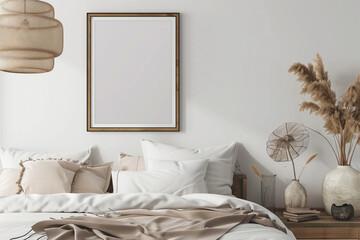 Mockup frame in cozy bedroom interior background 3d render